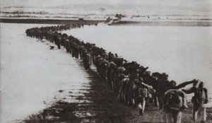 Chinese troops crossing the Amnok or Yalu River 