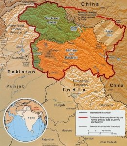 Division of Kashmir into Areas of Control: Pakistan-Green; India-Orange; China-Gold
